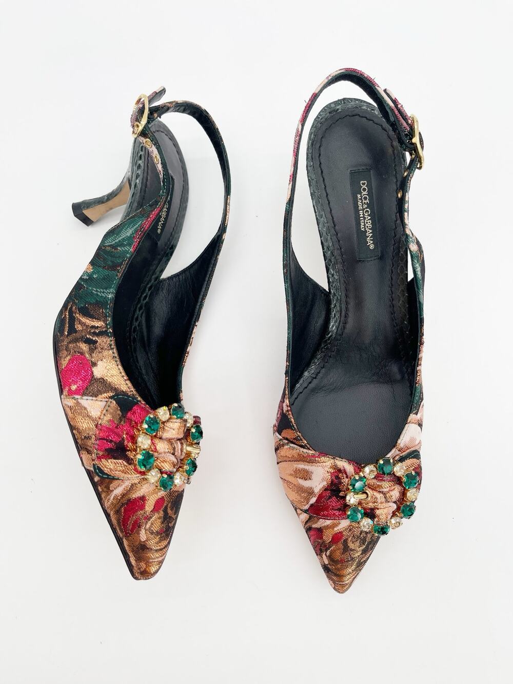 Dolce & Gabbana Floral Brocade Crystal Pointed Toe Slingback Heels IT 37
